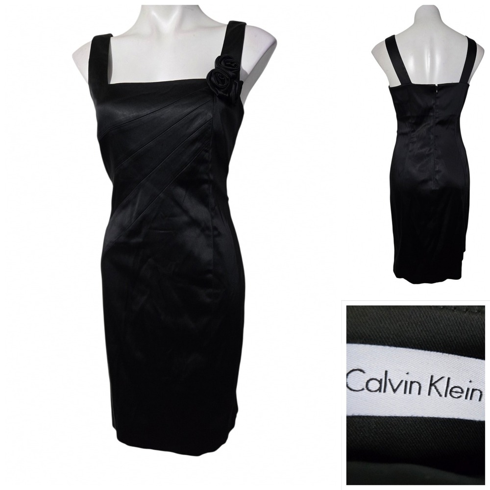 Calvin Klein Black Satin Rosette Cocktail Dress Square Neck Sheath S/4-6
